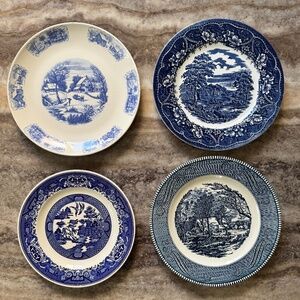 Set Of 4 Blue & White Plates. Barrats. Currier & Ives. Willow Ware. Countryscape